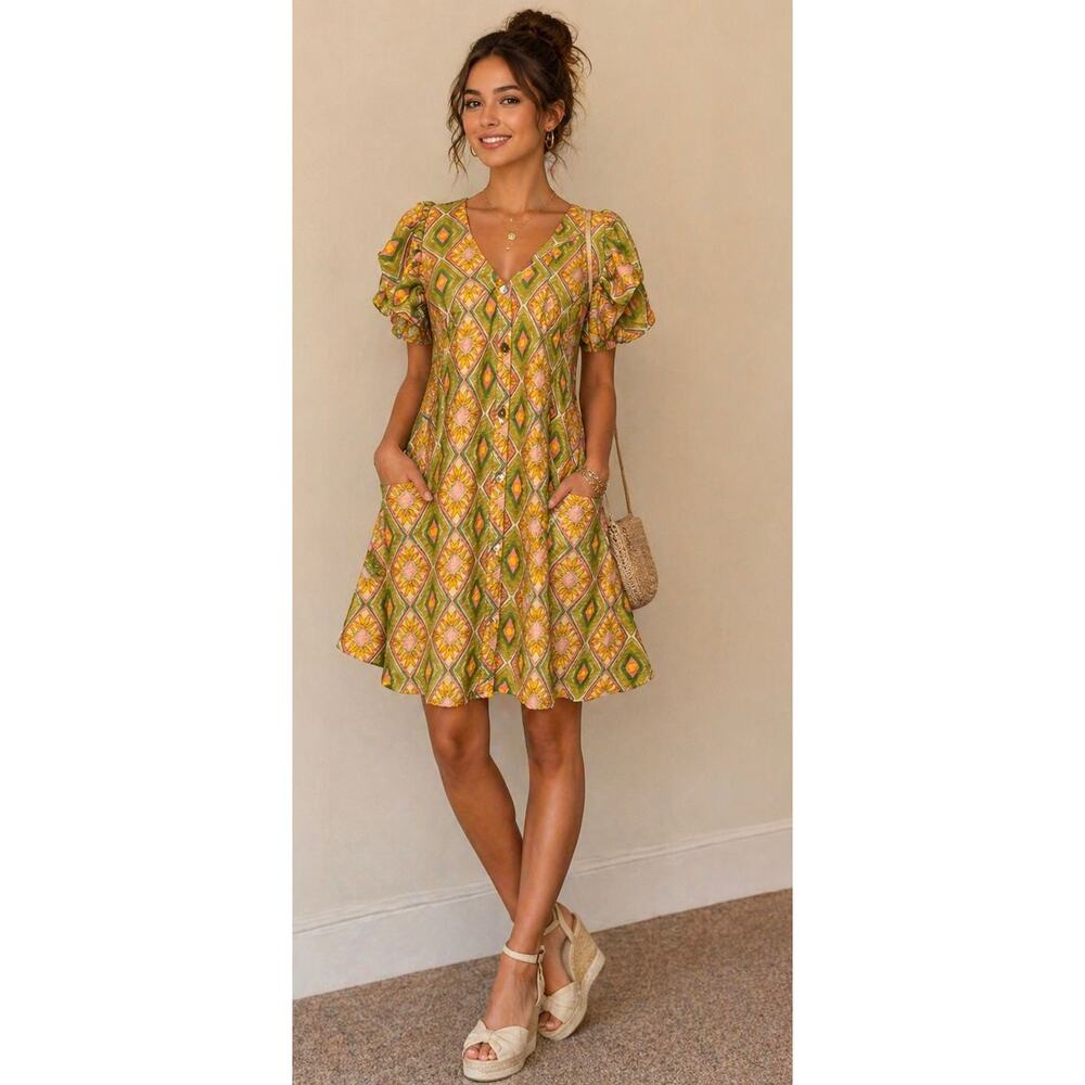 Talulah Puff Sleeve Mini Dress Women's Green Peach Button Front Boho - Small